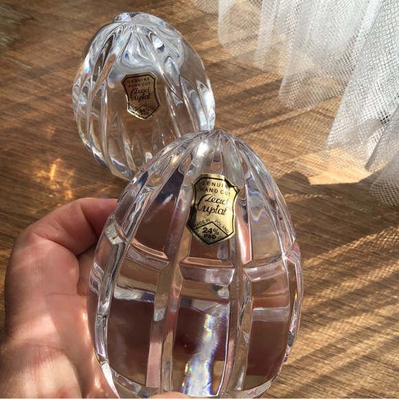 POLISH LEAD CRYSTAL EGG PAPERWEIGHTS VINTAGE LOT OF 2 HAND CUT GRID DESIGN - Picture 8 of 9